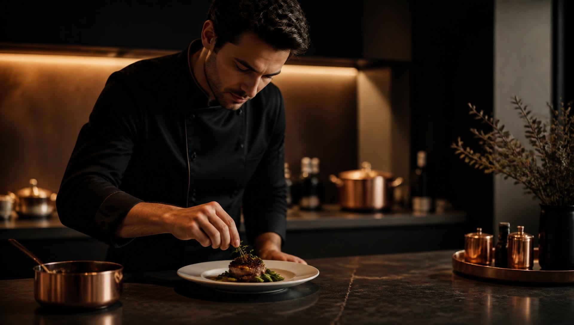 Chef privato che prepara una cena esclusiva in una casa elegante